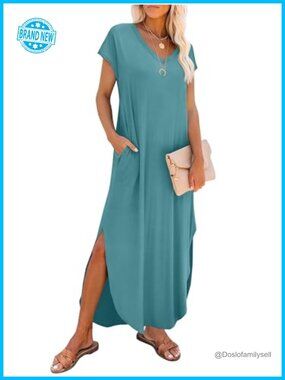 Women's Cap Sleeve Maxi Sundress with Pockets Casual Beach Vacation Dress